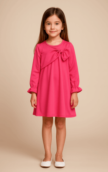 Kidsdew full sleeves Scuba A- line knee length dress with side bow fuchsia