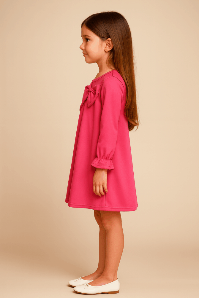 Kidsdew full sleeves Scuba A- line knee length dress with side bow fuchsia