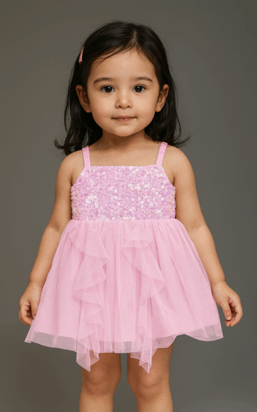 Kidsdew sleeveless Net fit and flare Above Knee Length dress Pink